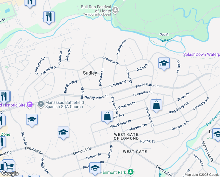 map of restaurants, bars, coffee shops, grocery stores, and more near 9909 Botsford Road in Manassas