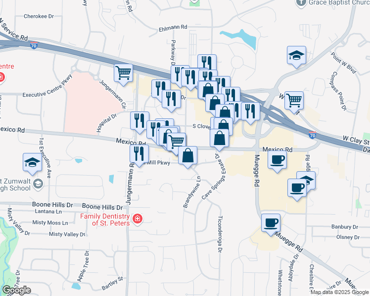 map of restaurants, bars, coffee shops, grocery stores, and more near Mexico Rd & Cave Springs Blvd in St Peters