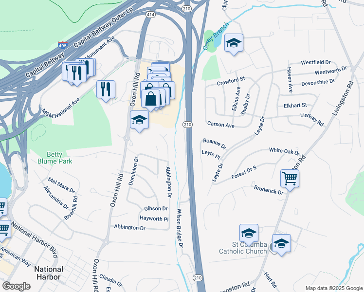 map of restaurants, bars, coffee shops, grocery stores, and more near 554 Wilson Bridge Drive in Oxon Hill