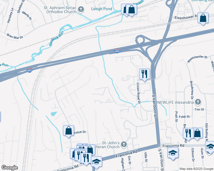 map of restaurants, bars, coffee shops, grocery stores, and more near 6026 Knights Ridge Way in Alexandria