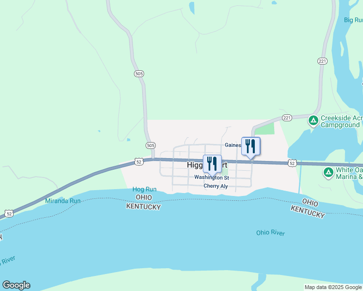 map of restaurants, bars, coffee shops, grocery stores, and more near 310 Olive Street in Higginsport