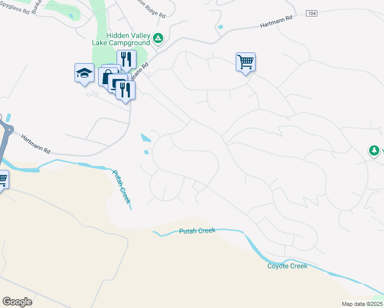 map of restaurants, bars, coffee shops, grocery stores, and more near 19445 Old Creek Road in Hidden Valley Lake