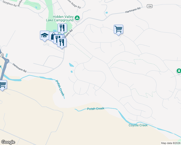 map of restaurants, bars, coffee shops, grocery stores, and more near 19425 Old Creek Road in Hidden Valley Lake