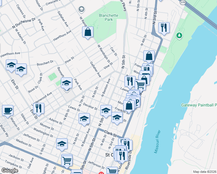 map of restaurants, bars, coffee shops, grocery stores, and more near 1019 North Benton Avenue in Saint Charles