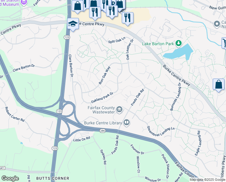 map of restaurants, bars, coffee shops, grocery stores, and more near 10722 Basket Oak Court in Burke