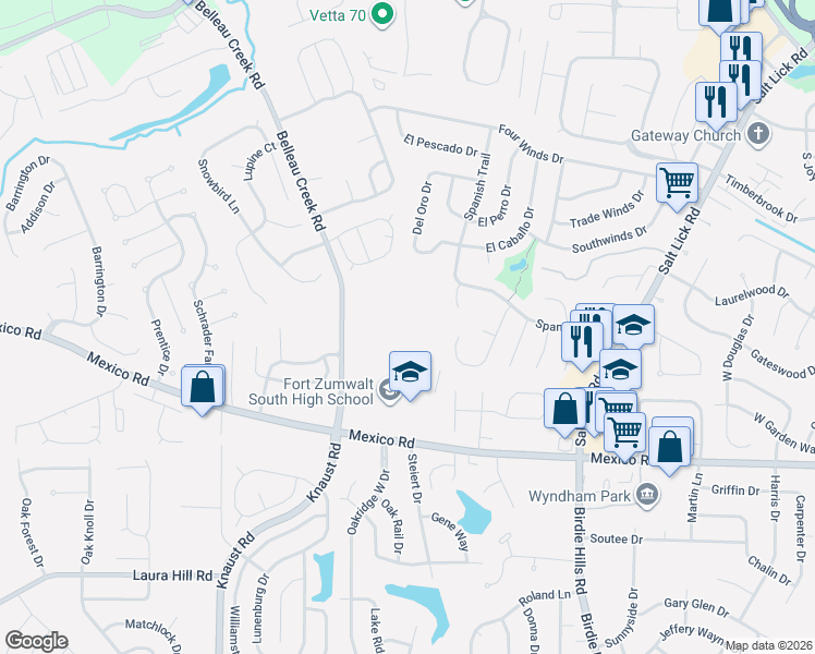 map of restaurants, bars, coffee shops, grocery stores, and more near 8050 Mexico Road in St. Peters