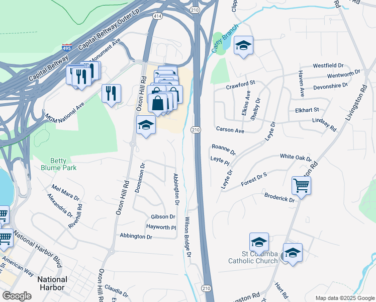 map of restaurants, bars, coffee shops, grocery stores, and more near 552 Wilson Bridge Drive in Oxon Hill