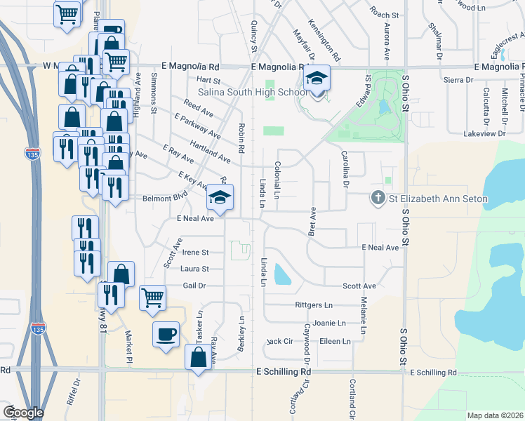 map of restaurants, bars, coffee shops, grocery stores, and more near 2676 Linda Ln in Salina