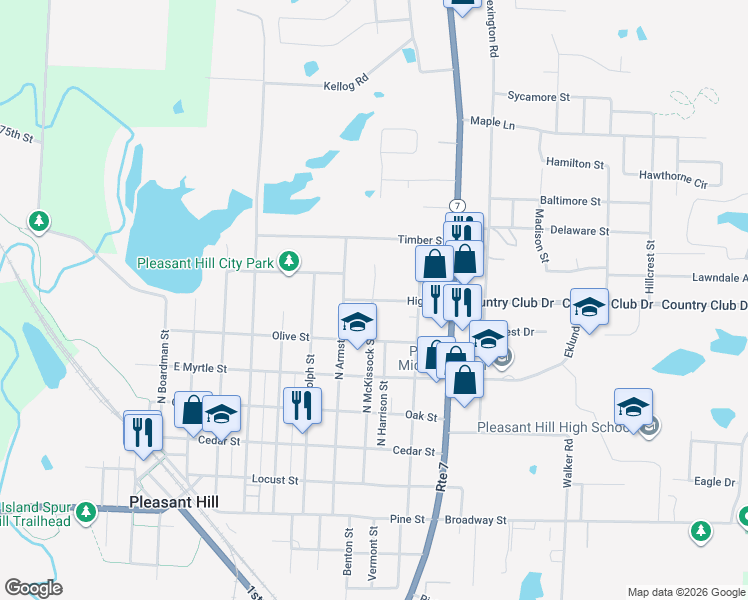 map of restaurants, bars, coffee shops, grocery stores, and more near 502 North Armstrong Street in Pleasant Hill