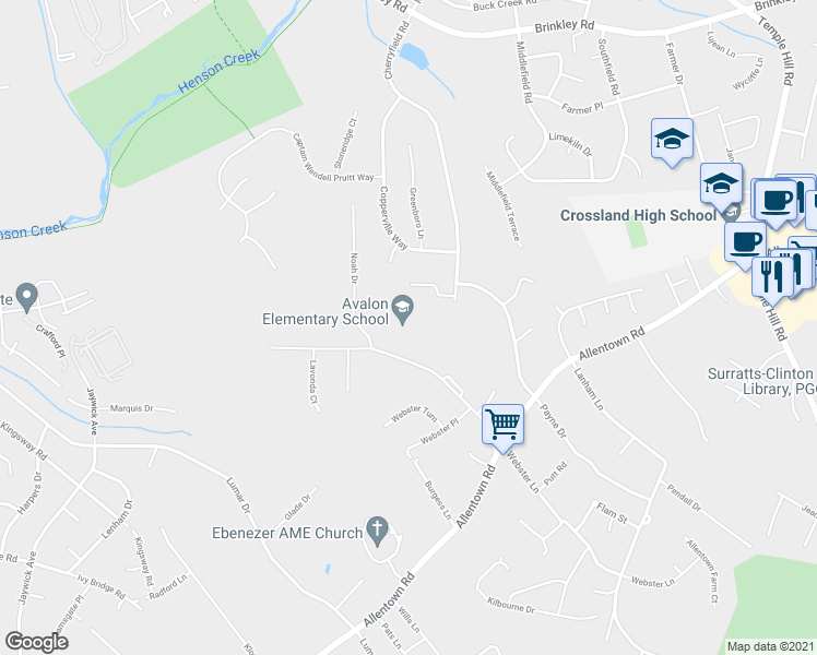 map of restaurants, bars, coffee shops, grocery stores, and more near 7302 Webster Lane in Fort Washington