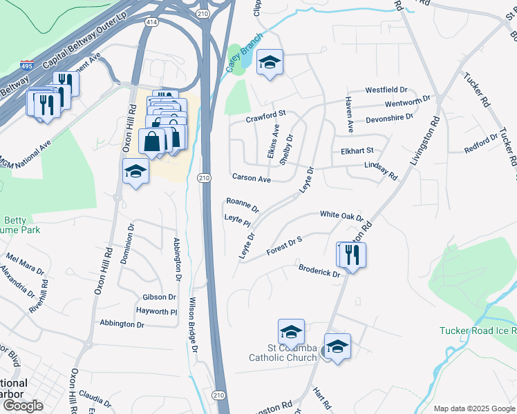 map of restaurants, bars, coffee shops, grocery stores, and more near 7203 Roanne Drive in Oxon Hill