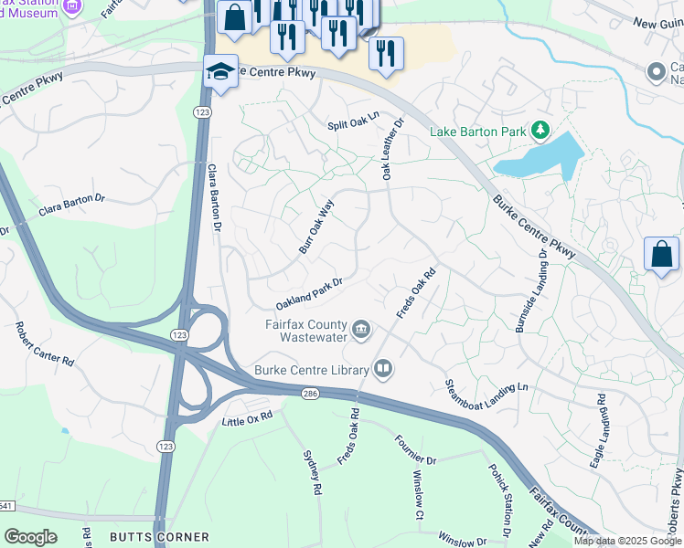 map of restaurants, bars, coffee shops, grocery stores, and more near 10722 Basket Oak Court in Burke