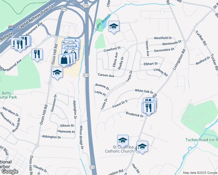 map of restaurants, bars, coffee shops, grocery stores, and more near 7203 Roanne Drive in Oxon Hill