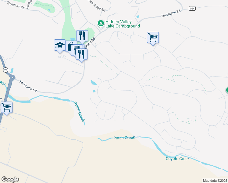 map of restaurants, bars, coffee shops, grocery stores, and more near 19405 Old Creek Road in Hidden Valley Lake