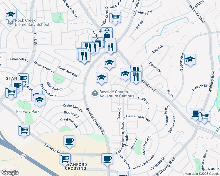 map of restaurants, bars, coffee shops, grocery stores, and more near 6000 Turquoise Drive in Rocklin