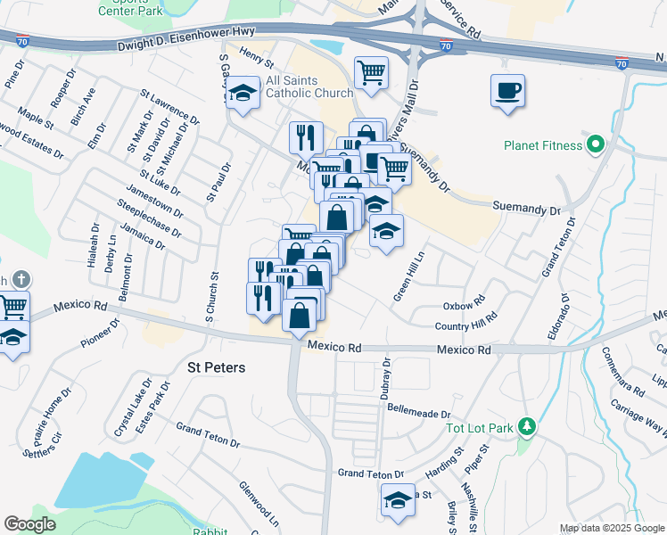 map of restaurants, bars, coffee shops, grocery stores, and more near 336 Mid Rivers Mall Drive in St. Peters