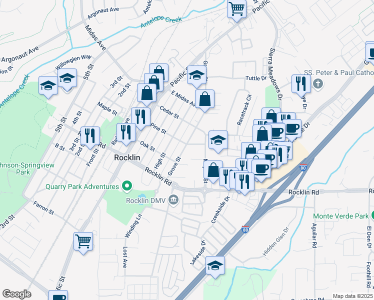 map of restaurants, bars, coffee shops, grocery stores, and more near 5025 Grove Street in Rocklin