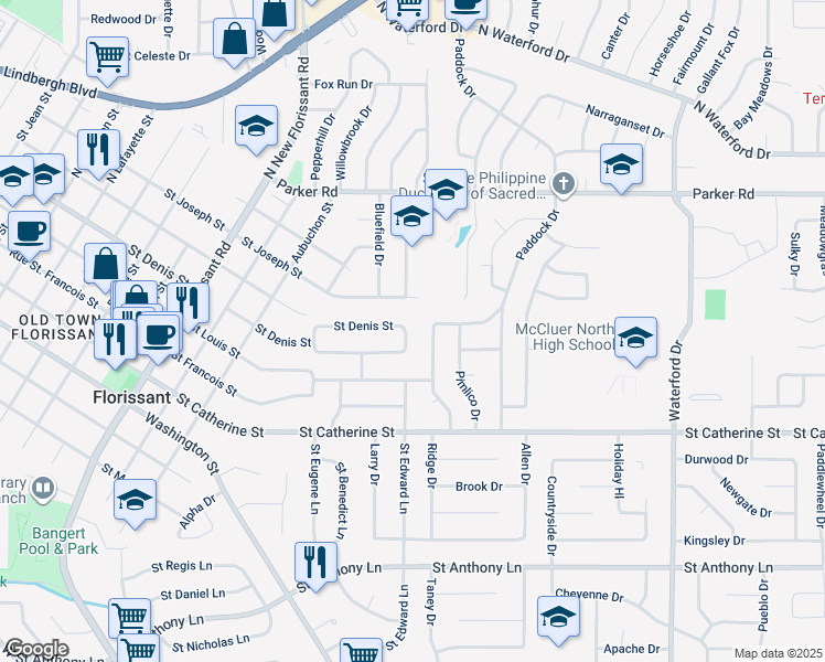 map of restaurants, bars, coffee shops, grocery stores, and more near 1800 Saint Denis Street in Florissant