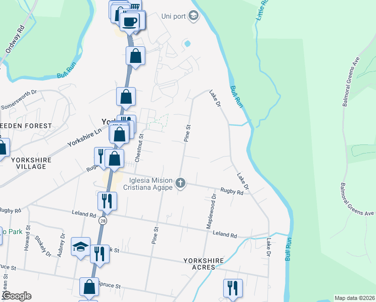 map of restaurants, bars, coffee shops, grocery stores, and more near 7601 Pine Street in Manassas