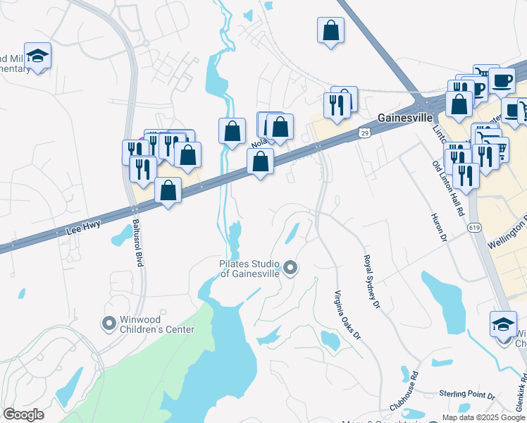 map of restaurants, bars, coffee shops, grocery stores, and more near 7708 Vinewood Court in Gainesville