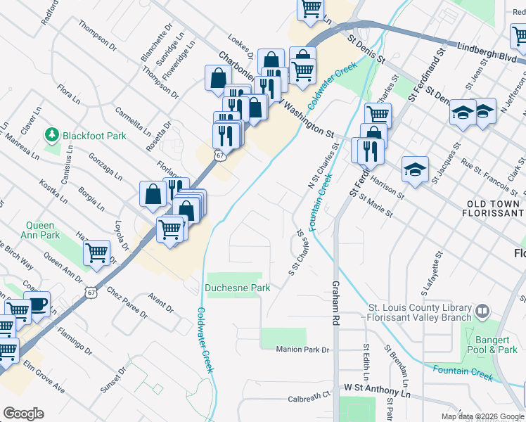 map of restaurants, bars, coffee shops, grocery stores, and more near 821 Cades Cove in Florissant