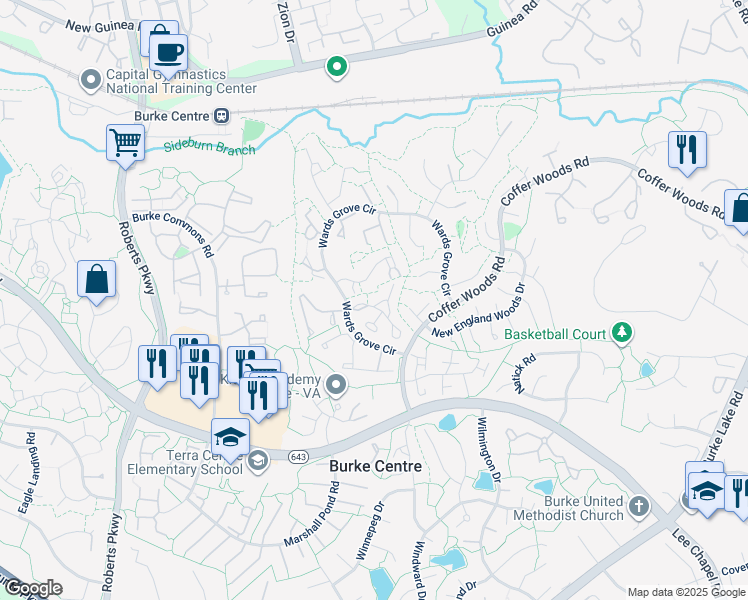 map of restaurants, bars, coffee shops, grocery stores, and more near 10052 Wood Sorrels Lane in Burke