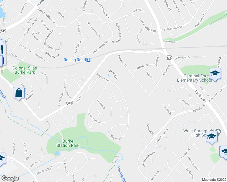 map of restaurants, bars, coffee shops, grocery stores, and more near 5907 Quintana Court in Burke
