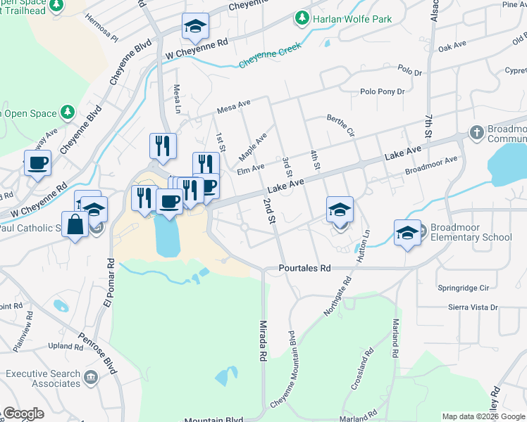 map of restaurants, bars, coffee shops, grocery stores, and more near 2 2nd Street in Colorado Springs