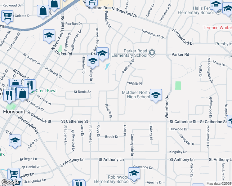 map of restaurants, bars, coffee shops, grocery stores, and more near 2385 Johnstown Drive in Florissant