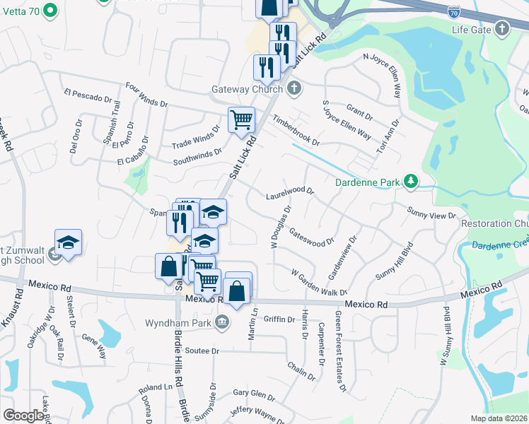 map of restaurants, bars, coffee shops, grocery stores, and more near 12 Gateswood Drive in St. Peters