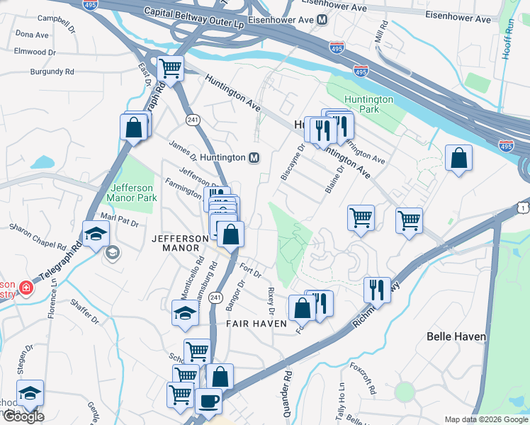 map of restaurants, bars, coffee shops, grocery stores, and more near 5919 Ashlar Way in Alexandria