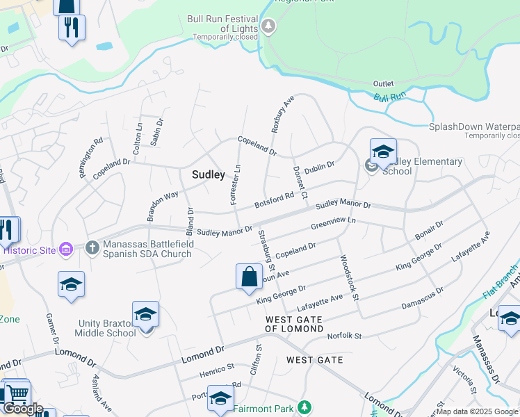 map of restaurants, bars, coffee shops, grocery stores, and more near 9907 Botsford Road in Manassas