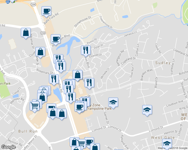map of restaurants, bars, coffee shops, grocery stores, and more near 10413 Paradise Court in Manassas