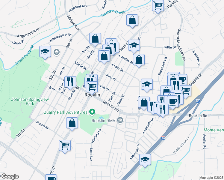 map of restaurants, bars, coffee shops, grocery stores, and more near 3965 Oak Street in Rocklin