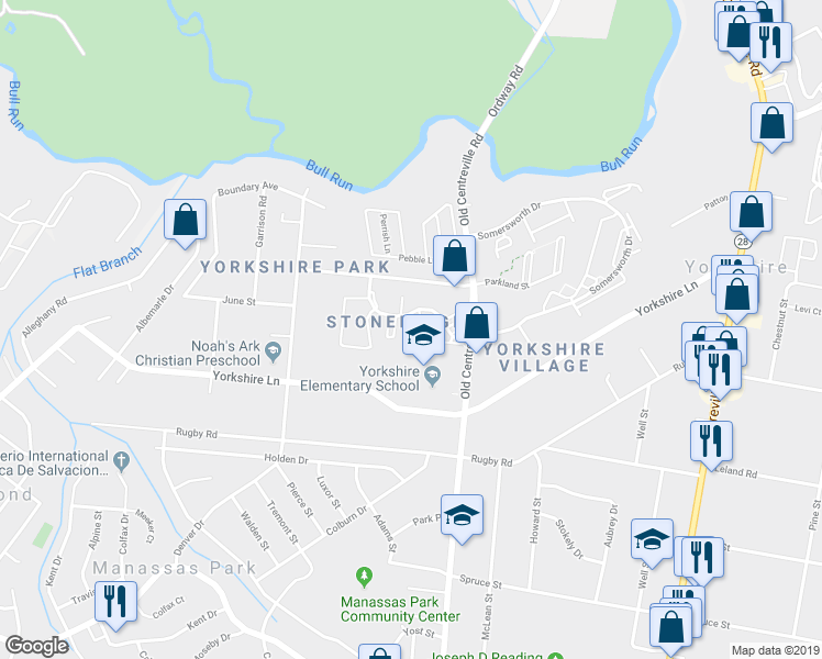map of restaurants, bars, coffee shops, grocery stores, and more near 7618 Shelley Lane in Manassas