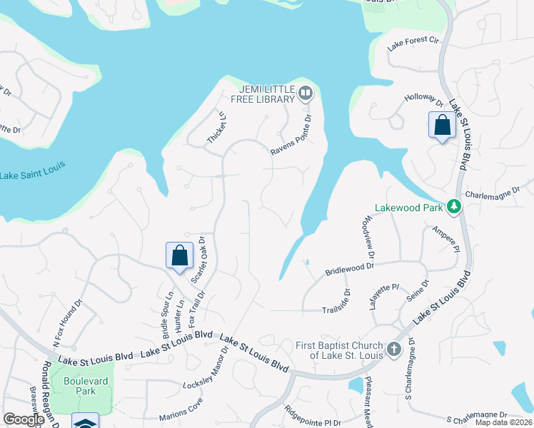 map of restaurants, bars, coffee shops, grocery stores, and more near 460 Fox Trail Drive in Lake Saint Louis