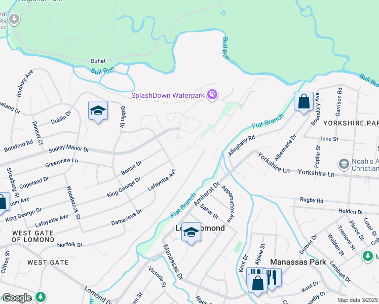 map of restaurants, bars, coffee shops, grocery stores, and more near 9329 King George Drive in Manassas