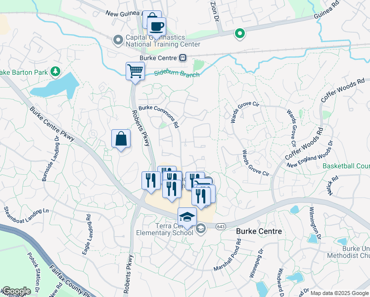 map of restaurants, bars, coffee shops, grocery stores, and more near 5833 Pin Oak Commons Court in Burke