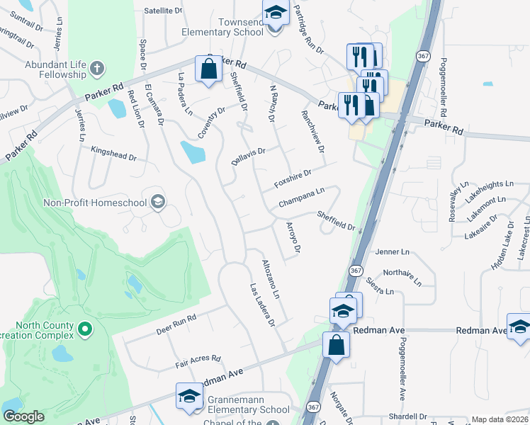 map of restaurants, bars, coffee shops, grocery stores, and more near 11675 Sheffield Drive in Florissant