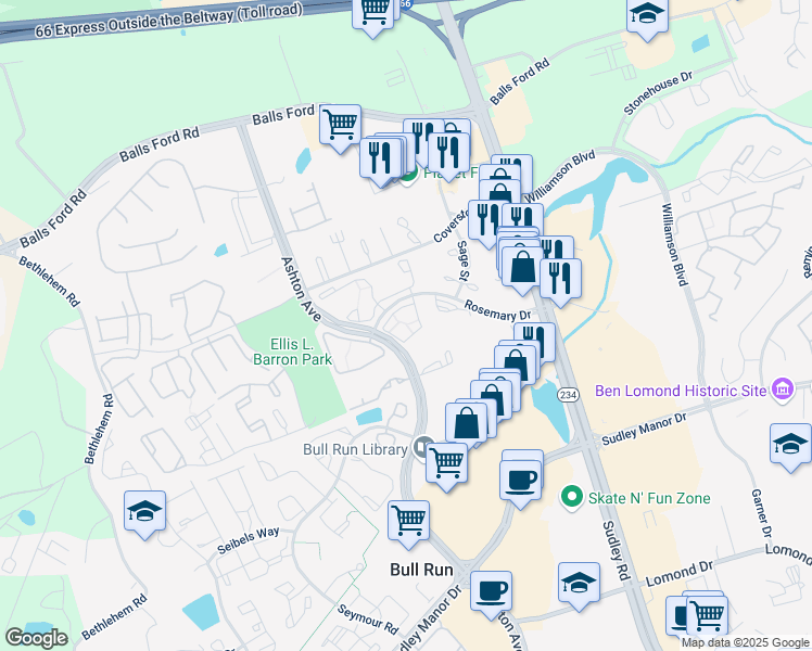 map of restaurants, bars, coffee shops, grocery stores, and more near 7606 Orchid Court in Manassas