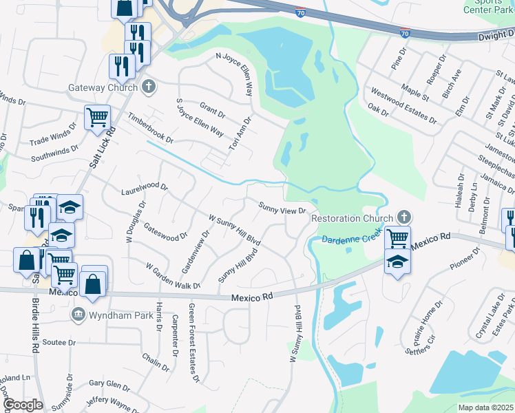 map of restaurants, bars, coffee shops, grocery stores, and more near 2 Sunny View Court in St. Peters