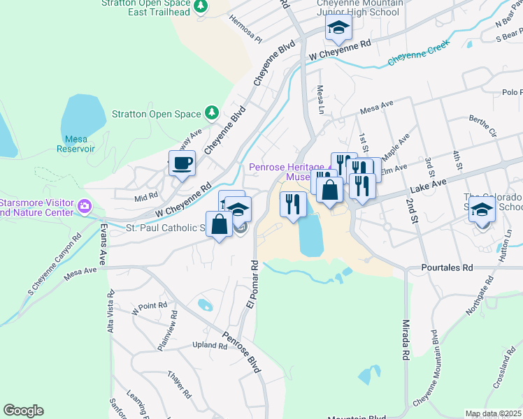 map of restaurants, bars, coffee shops, grocery stores, and more near 24 Park Avenue in Colorado Springs