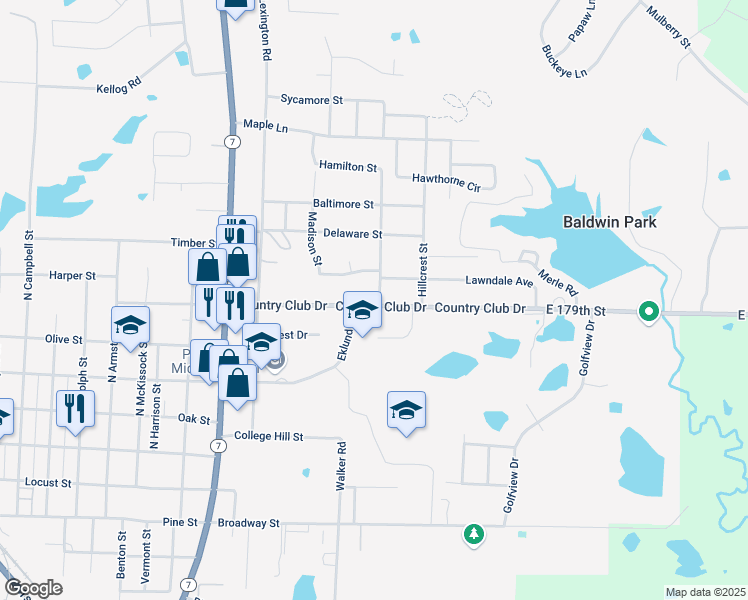 map of restaurants, bars, coffee shops, grocery stores, and more near 1405 Country Club Drive in Pleasant Hill