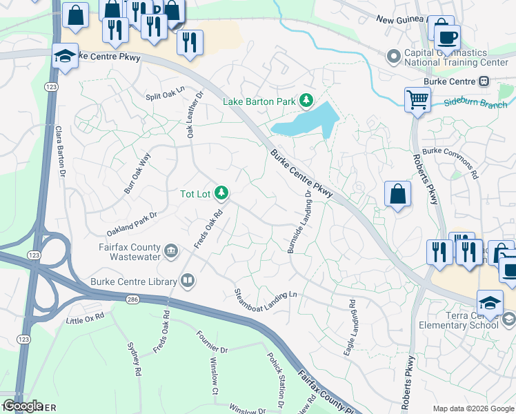 map of restaurants, bars, coffee shops, grocery stores, and more near 5921 Oak Leather Drive in Burke