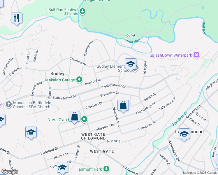 map of restaurants, bars, coffee shops, grocery stores, and more near 9707 Sudley Manor Drive in Manassas