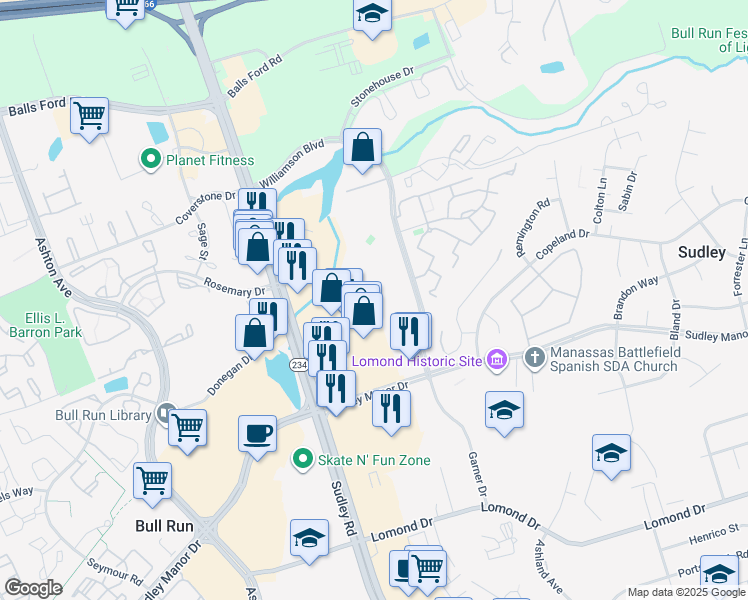 map of restaurants, bars, coffee shops, grocery stores, and more near 7642 Duneiden Lane in Manassas