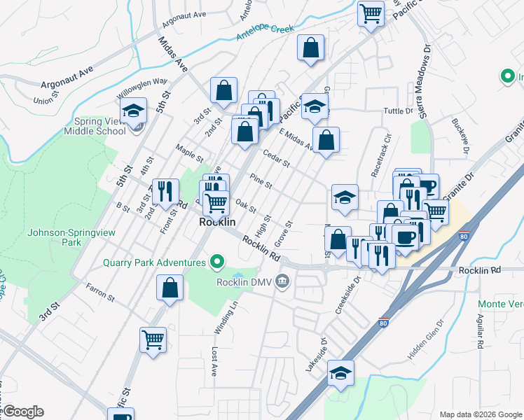 map of restaurants, bars, coffee shops, grocery stores, and more near 3965 Oak Street in Rocklin