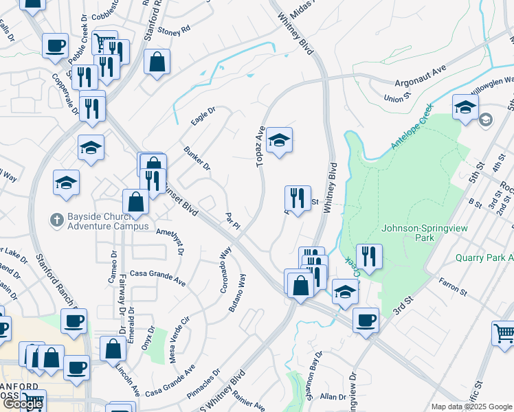 map of restaurants, bars, coffee shops, grocery stores, and more near 2525 Morgan Court in Rocklin