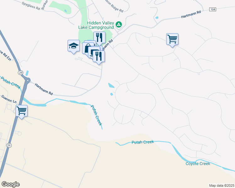 map of restaurants, bars, coffee shops, grocery stores, and more near 19354 Mountain Meadow South in Hidden Valley Lake