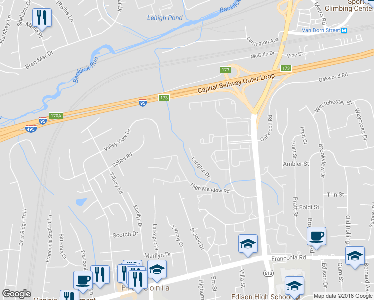 map of restaurants, bars, coffee shops, grocery stores, and more near 5858 Langton Drive in Alexandria